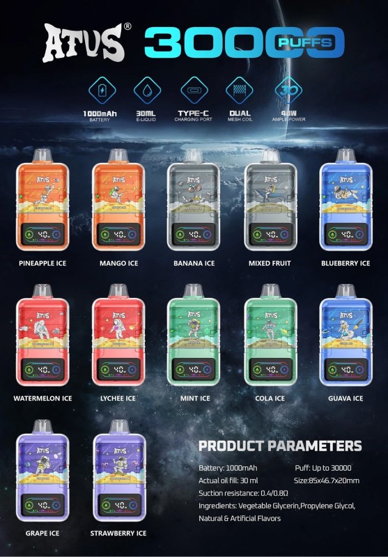 ATVS 30000 puffs 0%/2%/3%/5% Nicotine Smart Screen Display Rechargeable Disposable Pen Vapes E cigs Wholesale