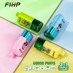 FIHP 60k Puffs 3-in-1 2% 5% Nicotine LED Display Dual Mesh Coil Type-C Rechargeable Disposable Vapes E cigs Wholesale