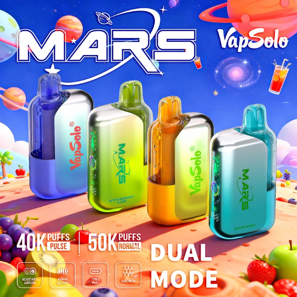 Vapsolo Mars (40K/50K) 2% 5% Nicotine Salt airflow adjustment switch Mesh Coil Power display Type-C Rechargeable Disposable Vapes E cigs Wholesale