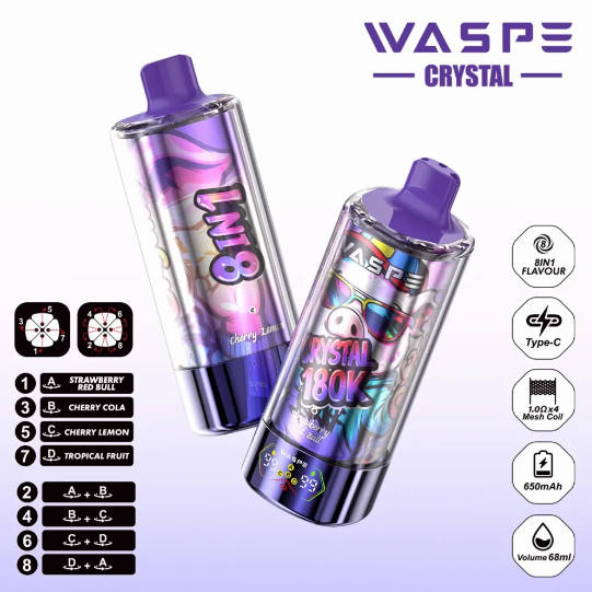 WASPE 8 in 1 180k Puffs 2% 5% Nicotine Salt E-liquid LED Display TYPE-C Rechargeable Disposable Vapes E cigs Wholesale