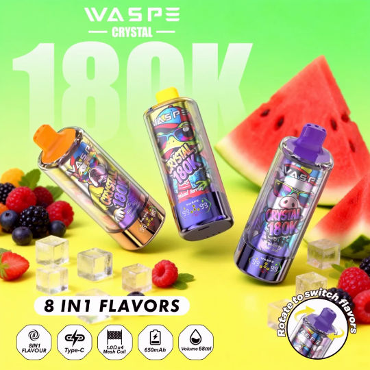 WASPE 8 in 1 180k Puffs 2% 5% Nicotine Salt E-liquid LED Display TYPE-C Rechargeable Disposable Vapes E cigs Wholesale