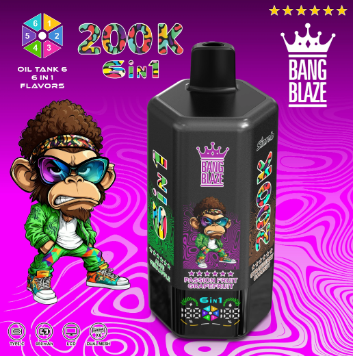 Bang blaze 200k (6 in 1) Puffs 2% 5% Nicotine Salt TYPE-C Rechargeable Disposable Vapes E cigs Wholesale