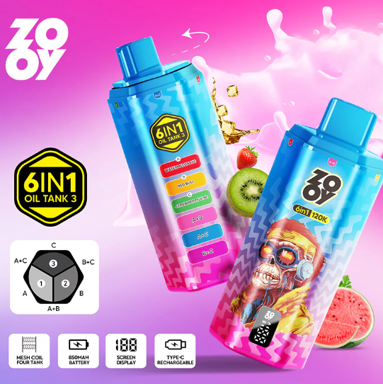 ZOOY 6 IN 1 120K Puffs 2% 3% 5% Nicotine Salt Built-in Smart Display Screen TYPE-C Rechargeable Disposable Vapes E cigs Wholesale