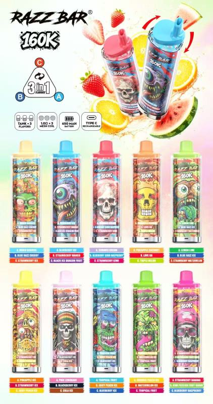 Razz Bar 160k Puffs 2% 5% Nicotine Triple Flavor Mesh Coil Type-C Port LED Display Rechargeable Disposable Vapes E cigs Wholesale
