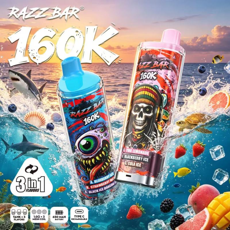 Razz Bar 160k Puffs 2% 5% Nicotine Triple Flavor Mesh Coil Type-C Port LED Display Rechargeable Disposable Vapes E cigs Wholesale