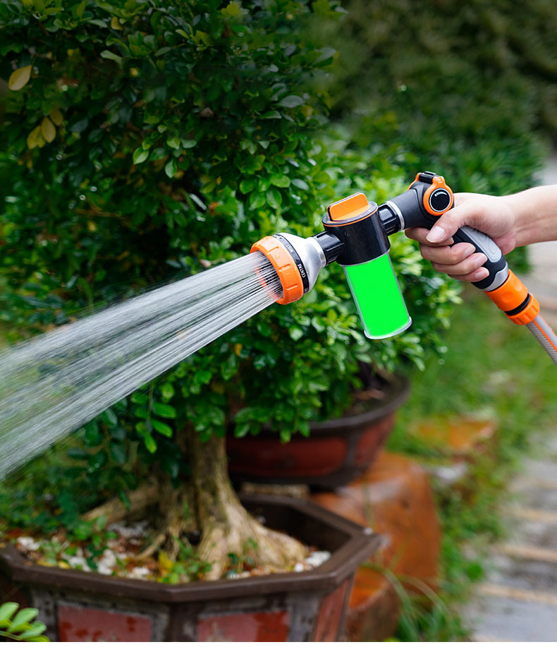Pistola rociadora de agua y jabón de plástico para jardín,Pistola rociadora de agua y jabón para jardín con 8 patrones