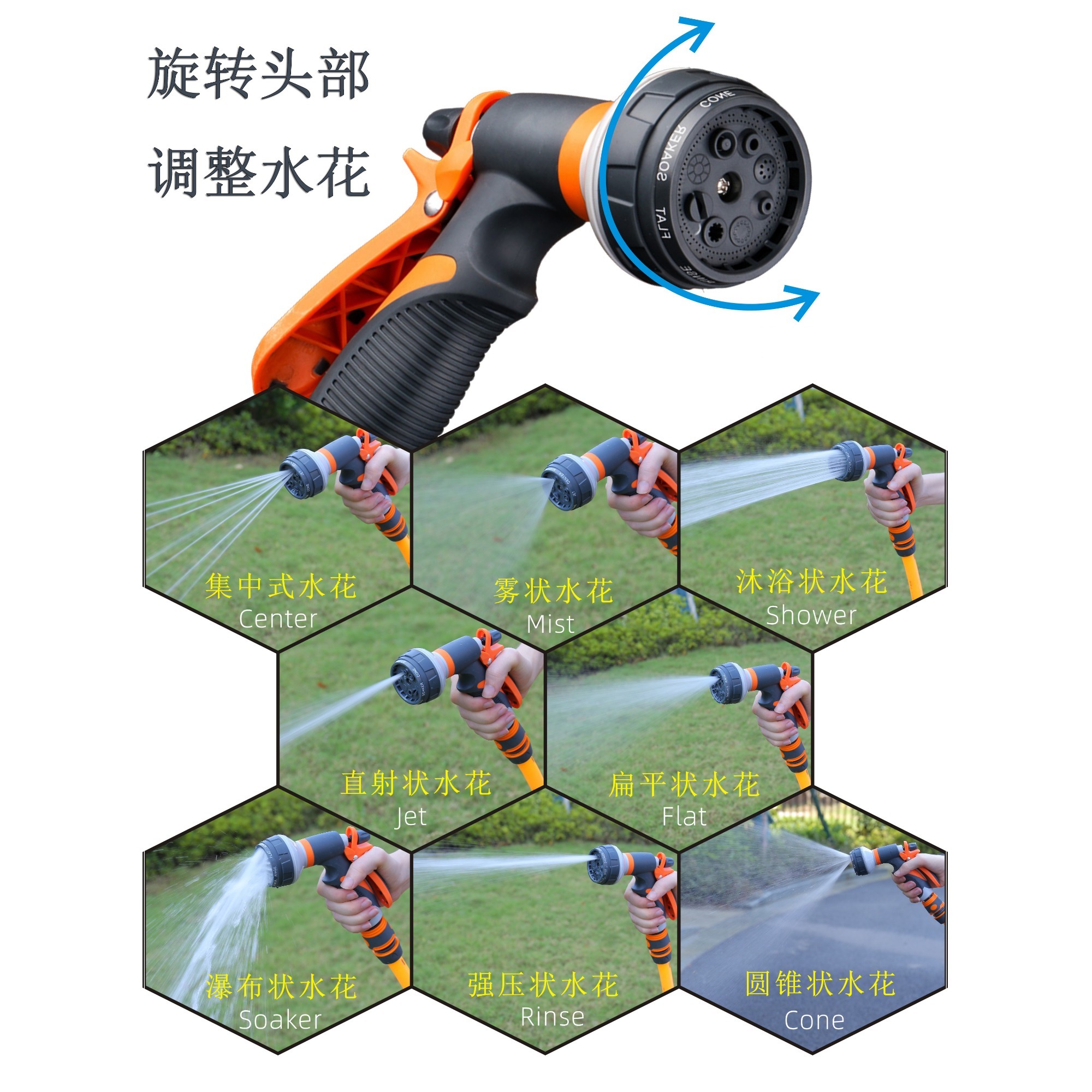 プラスチック製8パターンスプレーガーデンホースノズル,マルチパターンガーデンスプレーガン | 人間工学に基づいた散水ノズル