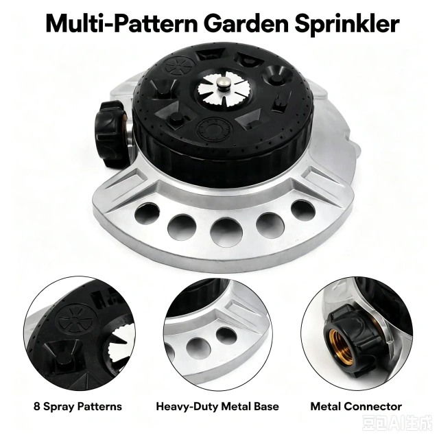 Aspersor de água para jardim em metal com 9 padrões,Aspersor de jardim com múltiplos padrões de jato | 9 padrões de pulverização | Base metálica resistente
