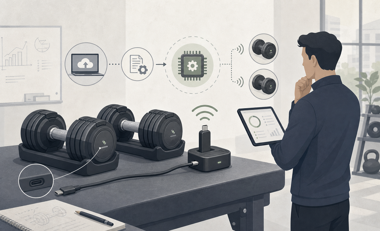 Editorial illustration for USB Type-C OTA Upgrade Features for Smart Dumbbells