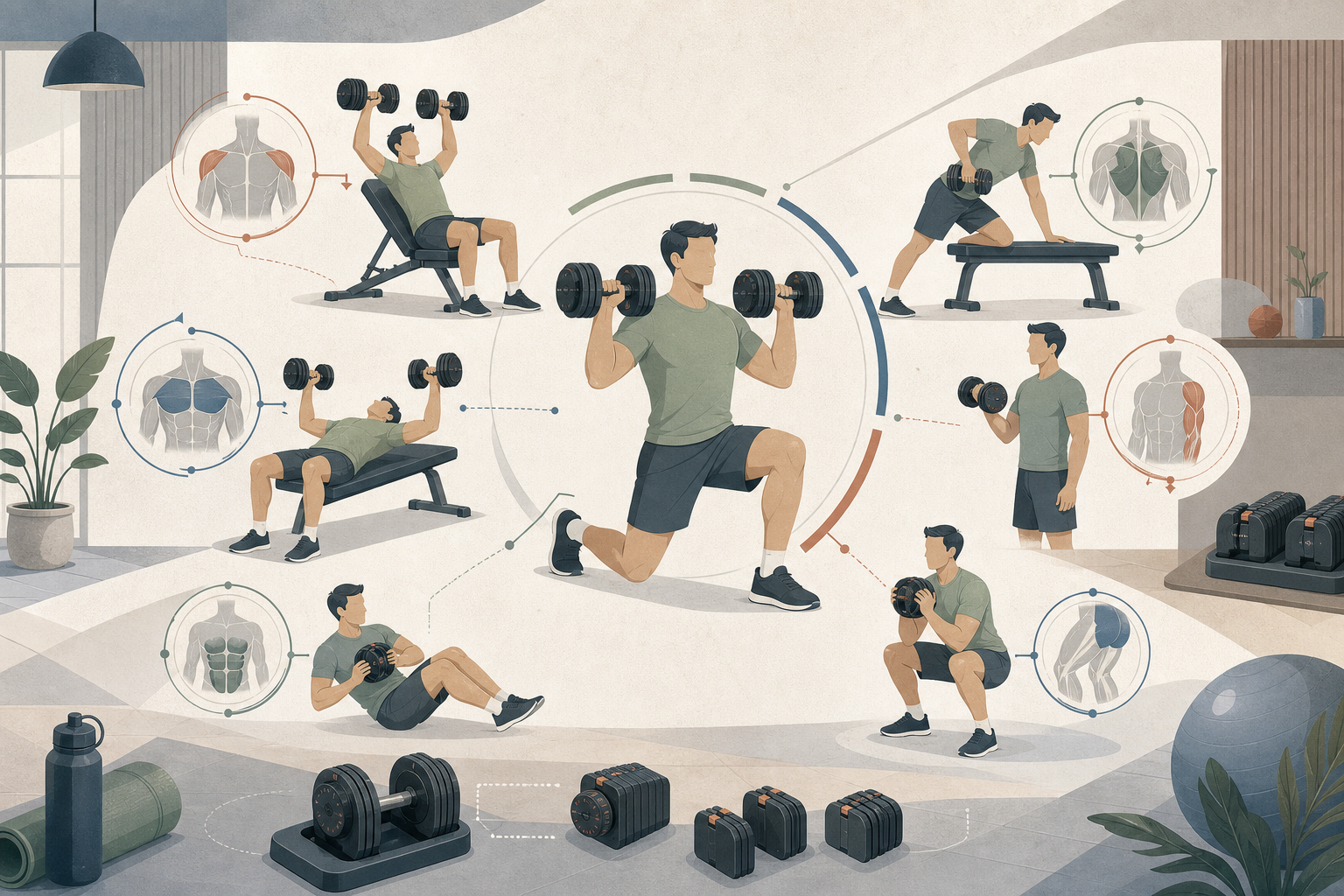 Editorial illustration for Six-Body-Part Training with Adjustable Smart Dumbbells