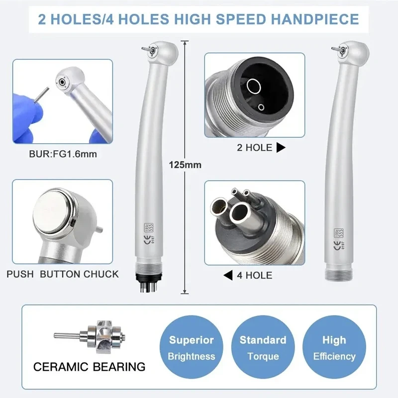 Dental High Speed Turbine&Low Speed Contra Angle Straight Handpiece Kit Air Motor LED 2 High and 1 Low Motor Handle 1SET