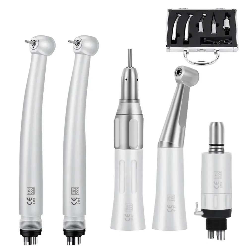 Dental High Speed Turbine&Low Speed Contra Angle Straight Handpiece Kit Air Motor LED 2 High and 1 Low Motor Handle 1SET