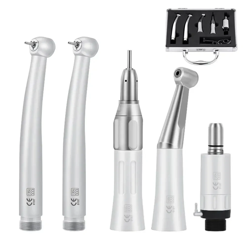 Dental High Speed Turbine&Low Speed Contra Angle Straight Handpiece Kit Air Motor LED 2 High and 1 Low Motor Handle 1SET