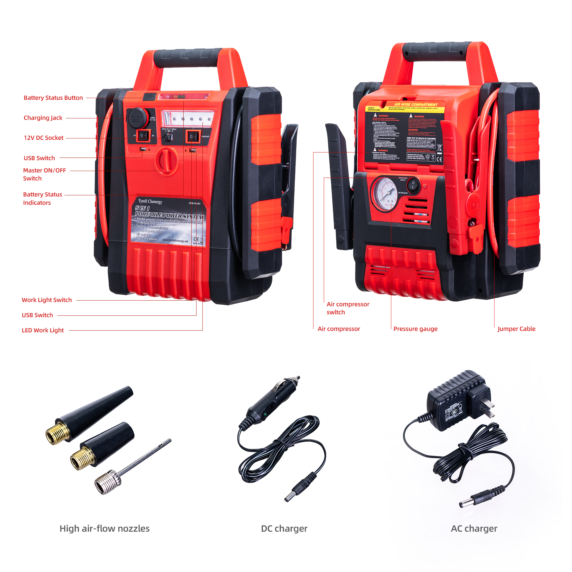 Portable Car Jump Starter & Tire Inflator Combo - 1700A Luxurious Power Station, High-Capacity Emergency Power Bank for Vehicle Starting, Inflation & Device Charging