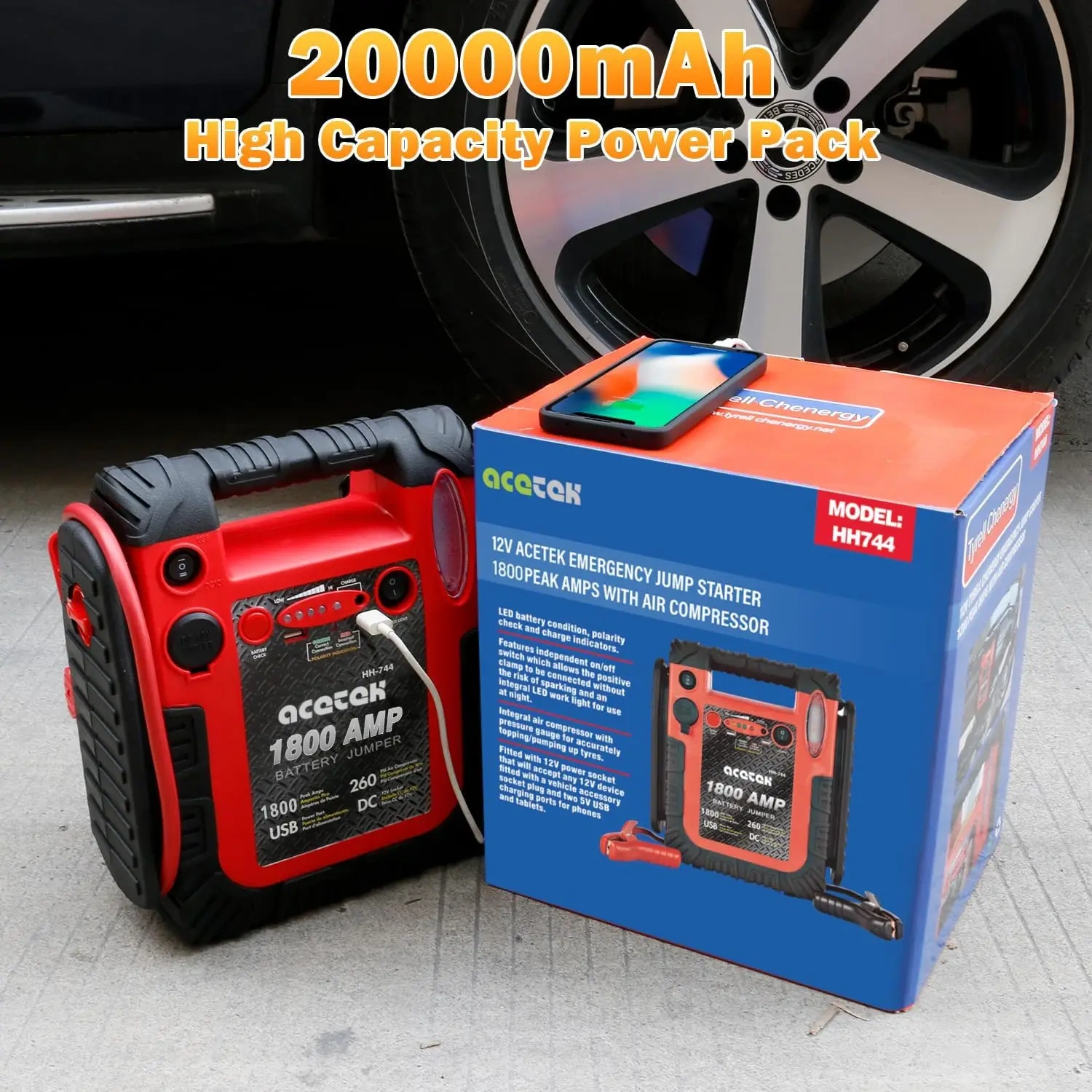 1800 Amp Jump Starter with Air Compressor, acetek Car Battery Jump Starter 260 PSI Tire Inflator, 20000mAh 12V Auto Lead-Acid