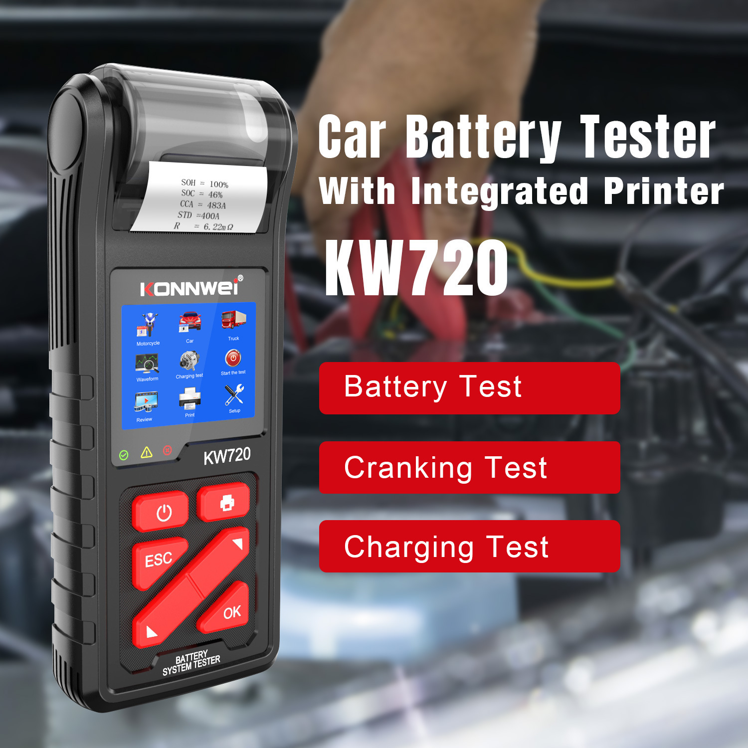 KONNWEI KW720可检测低电压6V12V24V汽车电池电瓶电压检测内阻仪