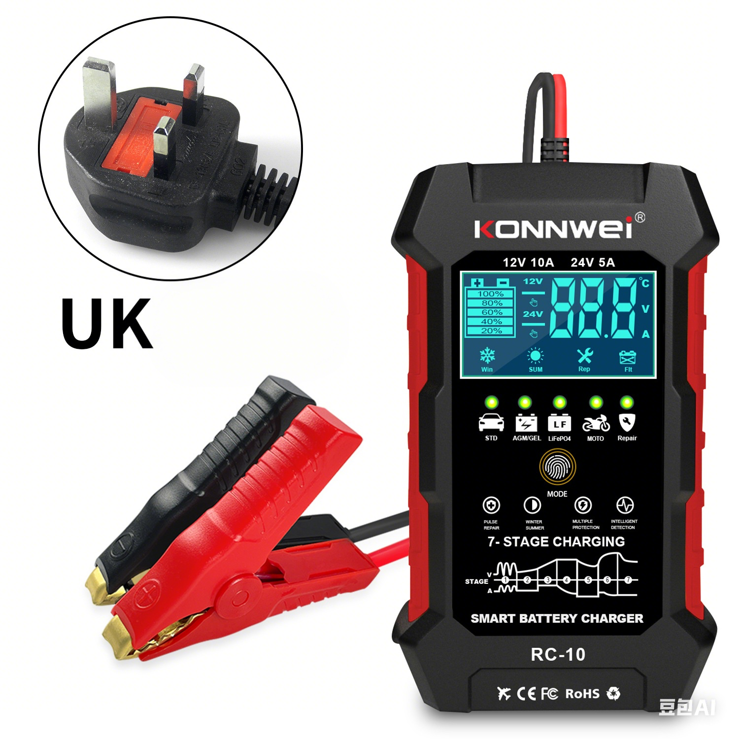 2025 KONNWEI RC-10 12V 24V 10A 5A Car Truck Battery Charge Bank Automotive Repair Tool Pulse Auto Charger Power Lead Acid AGM