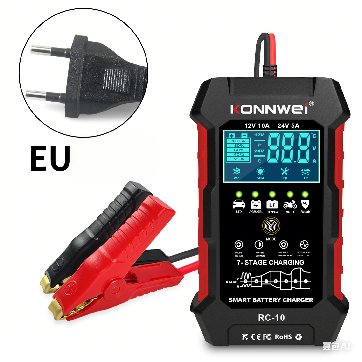 2025 KONNWEI RC-10 12V 24V 10A 5A Car Truck Battery Charge Bank Automotive Repair Tool Pulse Auto Charger Power Lead Acid AGM