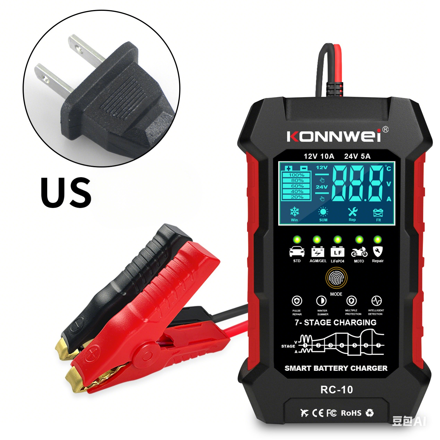 2025 KONNWEI RC-10 12V 24V 10A 5A Car Truck Battery Charge Bank Automotive Repair Tool Pulse Auto Charger Power Lead Acid AGM