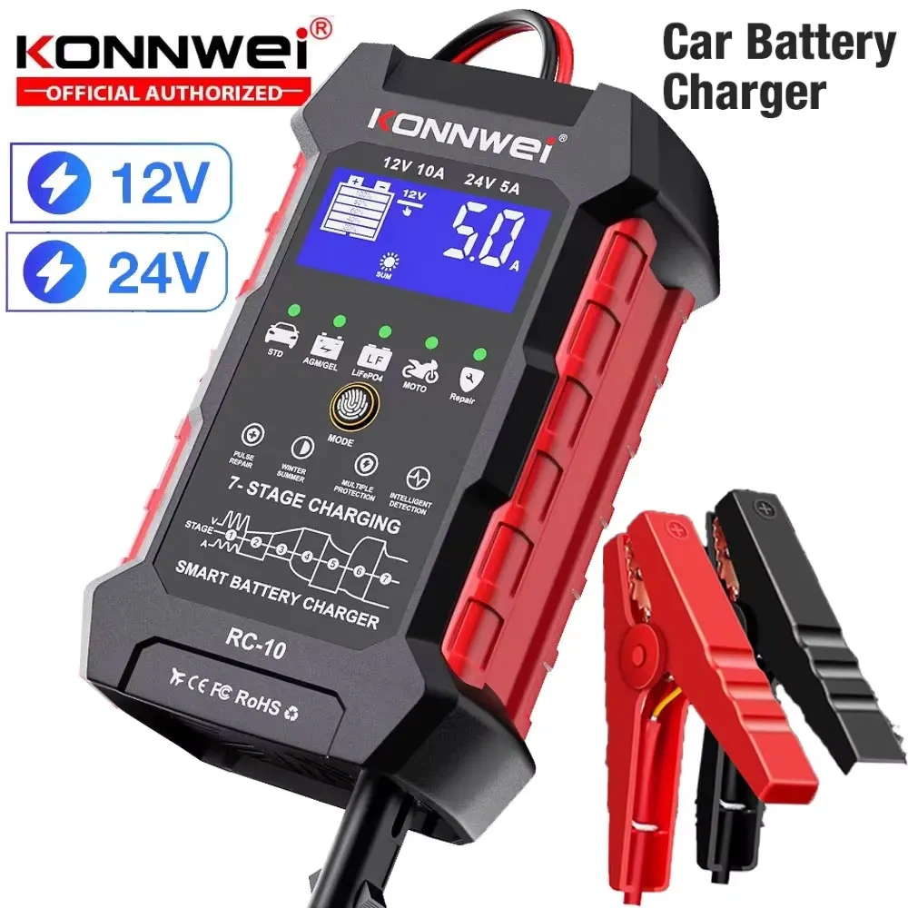 2025 KONNWEI RC-10 12V 24V 10A 5A Car Truck Battery Charge Bank Automotive Repair Tool Pulse Auto Charger Power Lead Acid AGM