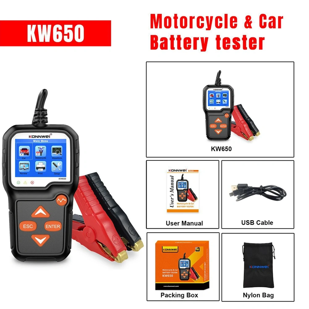 KW650 High Precision Car Moto Battery Tester 6V To 12V Lithium Lead-acid AGM Battery Analyzer Auto Cranking Charging Test Tools