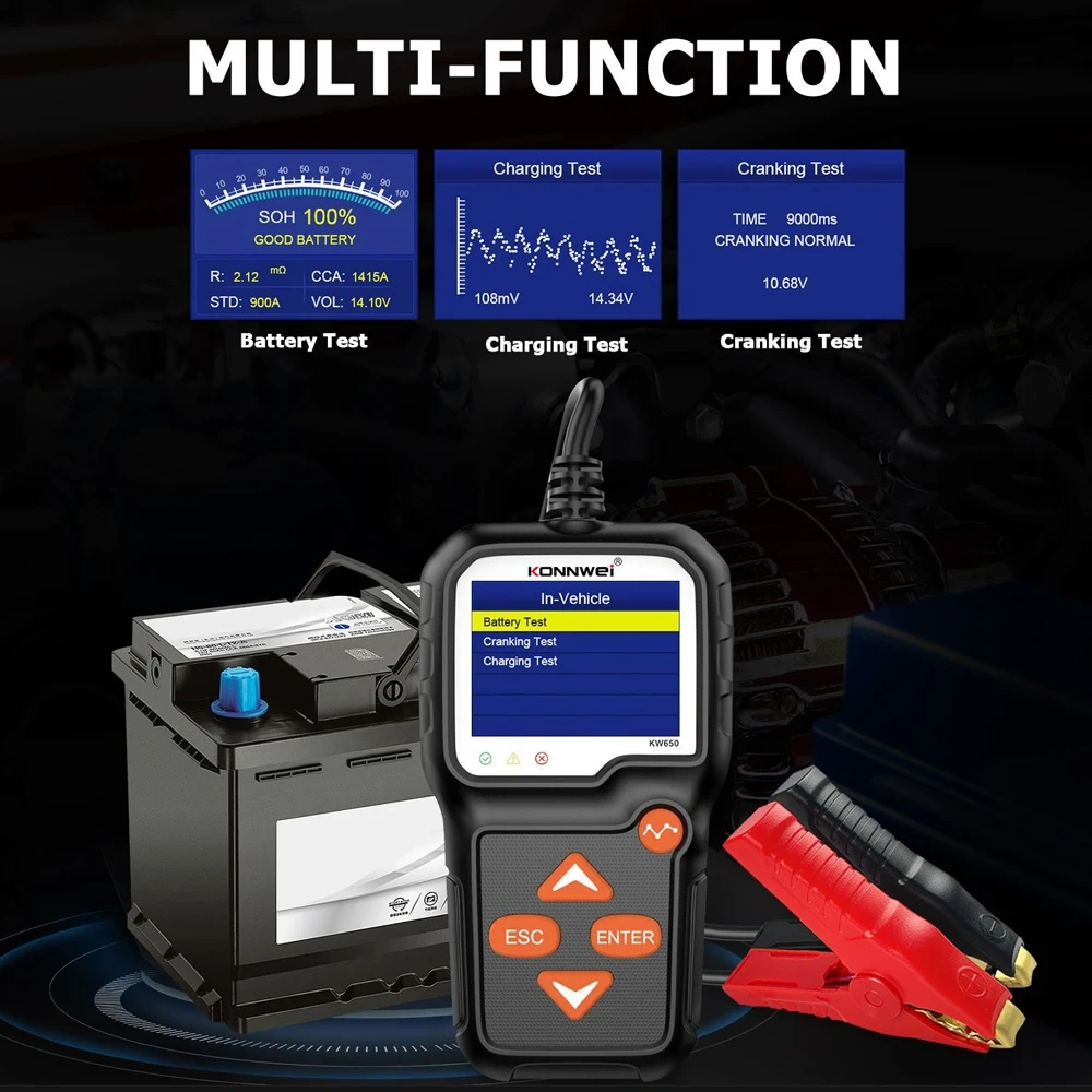 KW650 High Precision Car Moto Battery Tester 6V To 12V Lithium Lead-acid AGM Battery Analyzer Auto Cranking Charging Test Tools