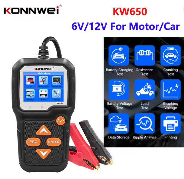 KONNWEI KW650 Car Motorcycle Battery Tester 6V 12V Auto Battery Analyzer 100 to 2000 CCA Car Moto Cranking Charging Test Tool