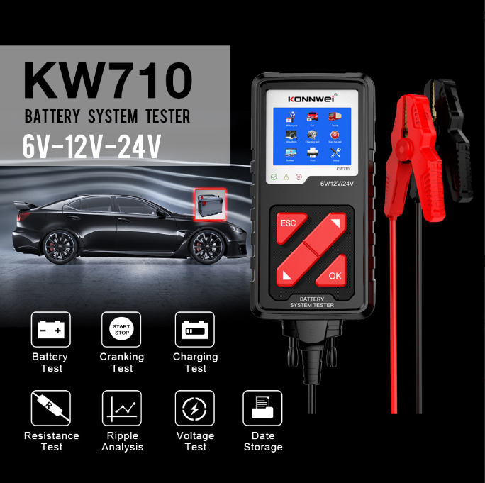 KONNWEI KW710 Car Battery Tester 6V/12V/24V 100-2000CCA Battery Load Tester Charging Diagnostic Tool with Enhanced clip