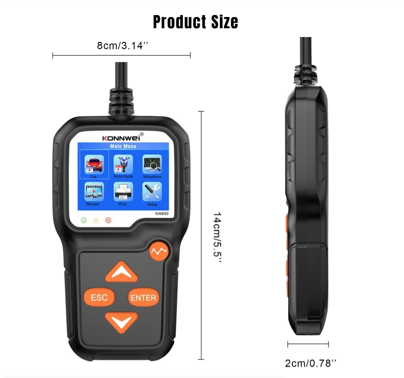 KONNWEI KW650 Car Motorcycle Battery Tester 6V 12V Auto Battery Analyzer 100 to 2000 CCA Car Moto Cranking Charging Test Tool