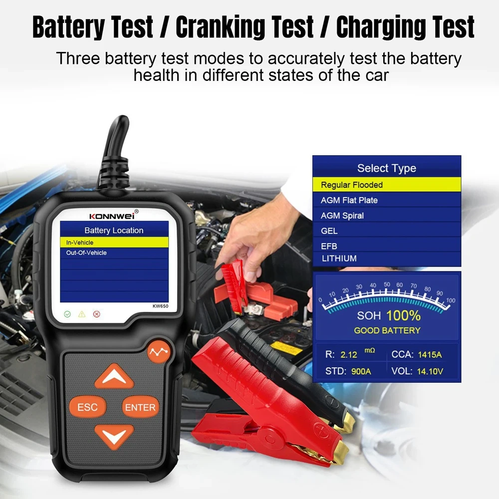 KW650 High Precision Car Moto Battery Tester 6V To 12V Lithium Lead-acid AGM Battery Analyzer Auto Cranking Charging Test Tools