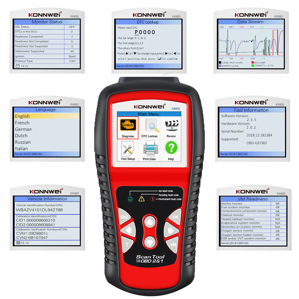 KONNWEI KW830 OBD2 Car Engine Diagnostic Tool - Battery Check & Compatible with AL519/AD610