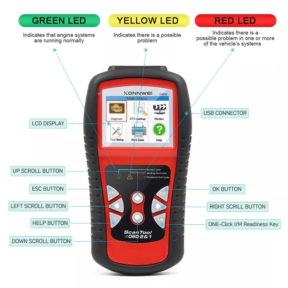 KONNWEI KW830 OBD2 Car Engine Diagnostic Tool - Battery Check & Compatible with AL519/AD610