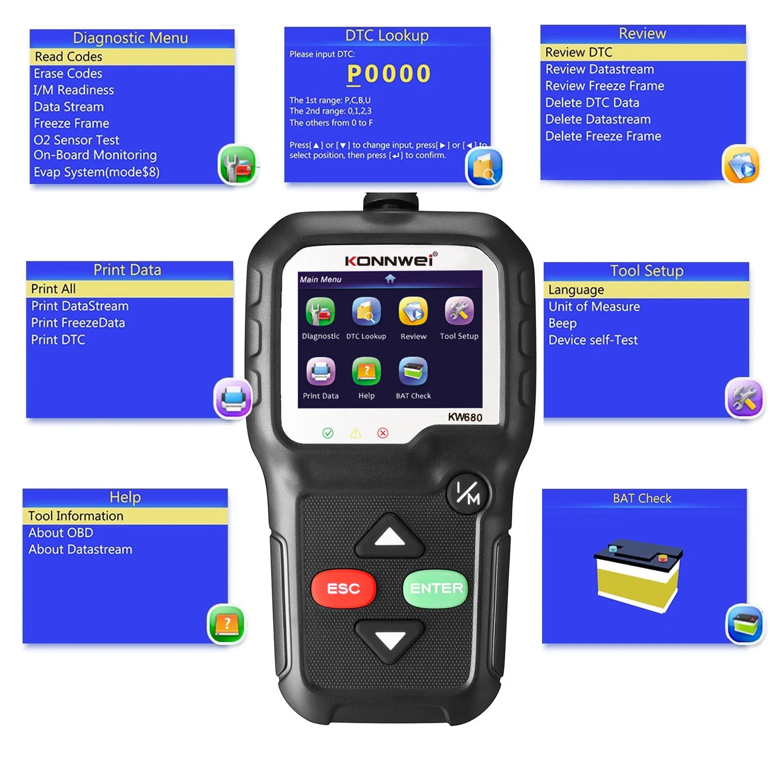 KONNWEI KW680 Scanner OBD 2 Car Diagnostic Auto Diagnostic Tool Automotive OBDII Scan 8 Languages Code Reader Free Update