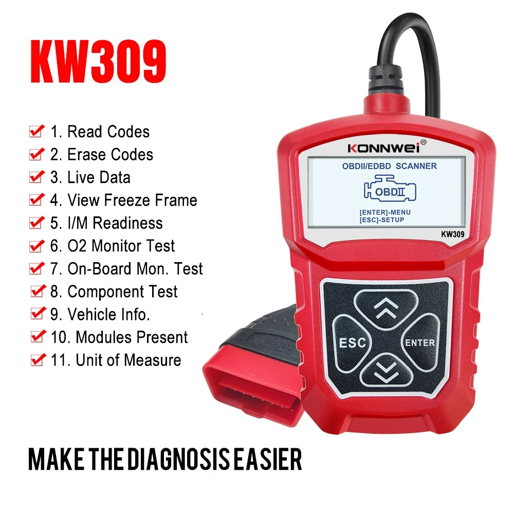 OBD Automotive Scanner For KONNWEI KW309 Live Data Erase Code Reader Auto Repair Diagnostics Tool PK ELM327 Multi-language 12V