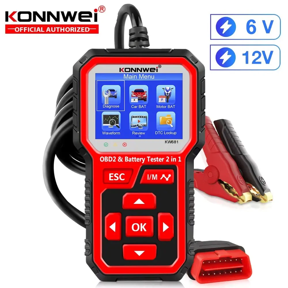 [2 IN 1]  2024 KONNWEI KW681 OBD2 Scanner Auto Diagnostic Tools + 6V 12V Car Motorcycle Battery Tester, support 9 Language