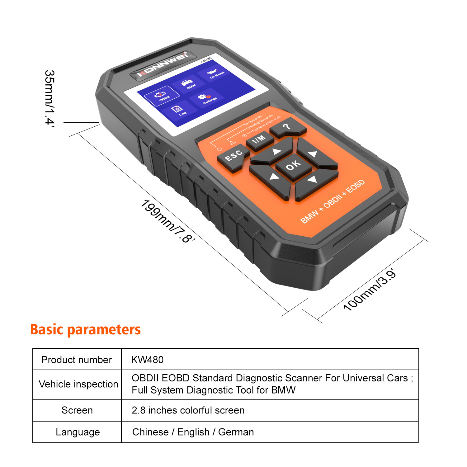 KONNWEI KW480 Obd2 Scanner for BMW Cars Obd 2 ABS Airbag SRS Oil Reset Full Systems Diagnostic Tool Battery Match E38 E46