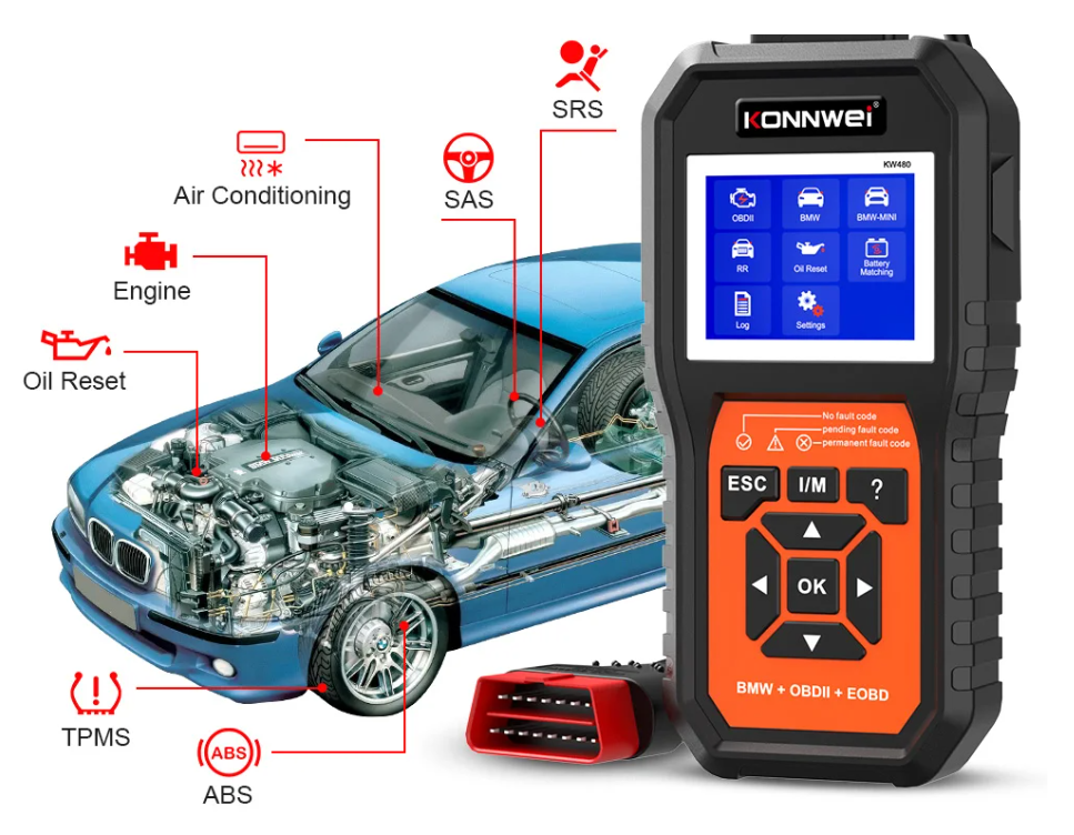 KONNWEI KW480 Obd2 Scanner for BMW Cars Obd 2 ABS Airbag SRS Oil Reset Full Systems Diagnostic Tool Battery Match E38 E46