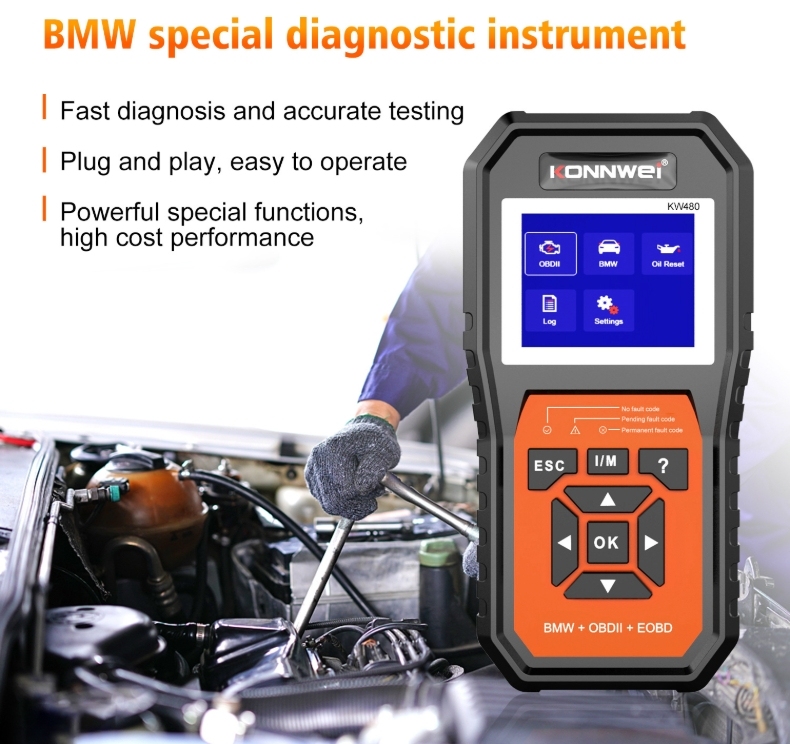 KONNWEI KW480 Obd2 Scanner for BMW Cars Obd 2 ABS Airbag SRS Oil Reset Full Systems Diagnostic Tool Battery Match E38 E46