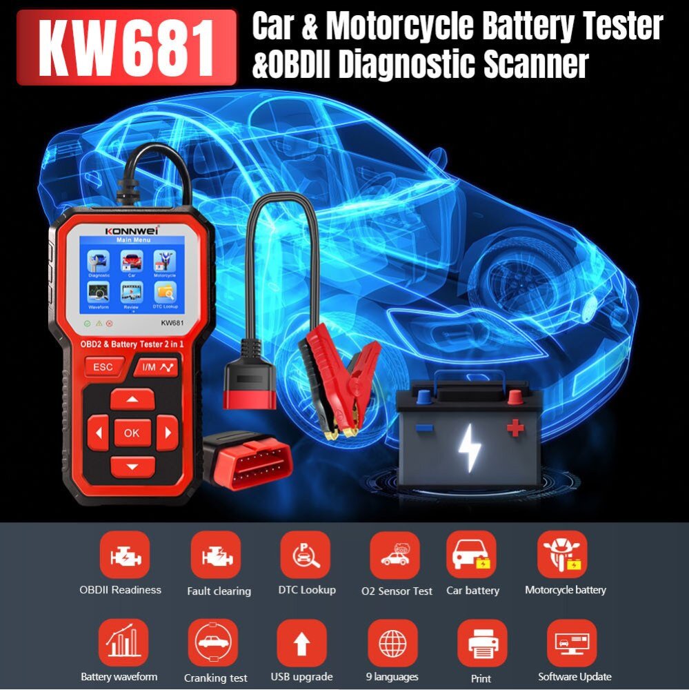 2025 KONNWEI KW681 2-in-1 Diagnostic Kit: OBD2 Scanner & 6V-12V Car/Motorcycle Battery Tester - 9 Languages