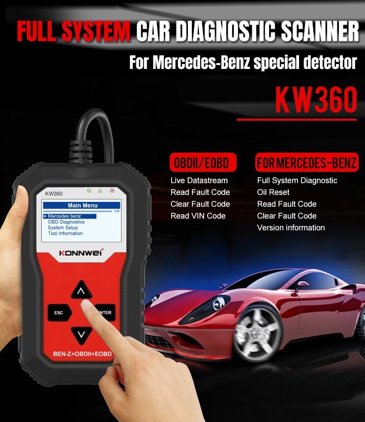 For KONNWEI KW360 Car Diagnostic Scanner For BEN Mercedes Full System OBDII EOBD Irbag ABS Brake OIL TPMS Reset OBD2 Code Read