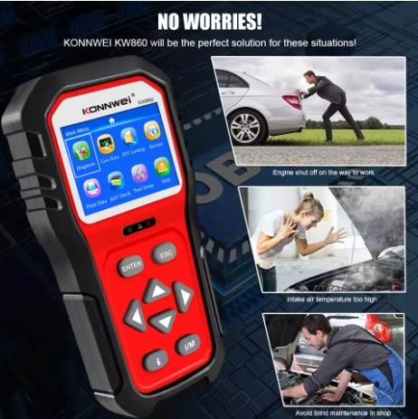 New product of KONNWEI - KW860 obd2 Diagnostic Tool Professional and Battery Tester For Cars, featuring an I button indication function and a 2.8-inch color screen.