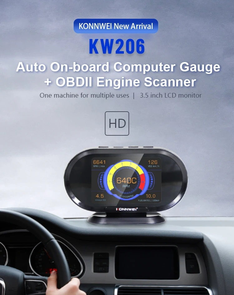 2025 KONNWEI KW206 OBD2 Car Fault Diagnostic Scanner- All-in-One Digital Car Computer with LCD Screen, Fuel Usage, Water Temp & Speedometer Readouts