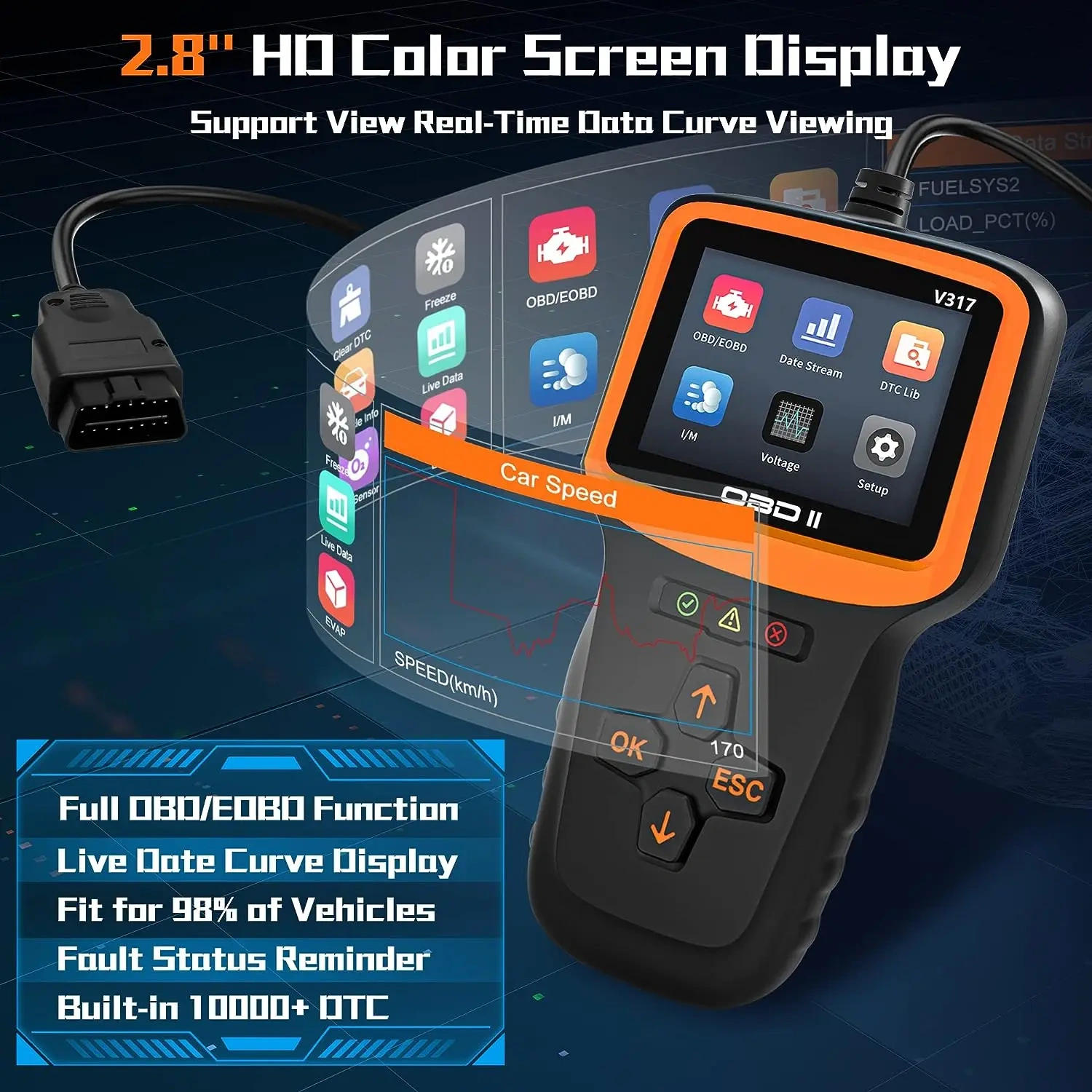 V317 OBD2 Scanner Diagnostic Tool Car Clear Fault Code Reader OBDII/EOBD Automotive Diagnostic Scan Tester Tool Kit Color Screen
