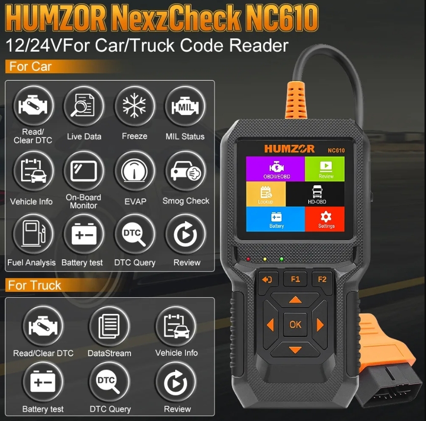 OBD2 Car Diagnostic Heavy Duty Truck Scanner For HUMZOR NC610 Diesel Gasoline Engine Battery Test  J1939 F1 Code Reader 12V/24V