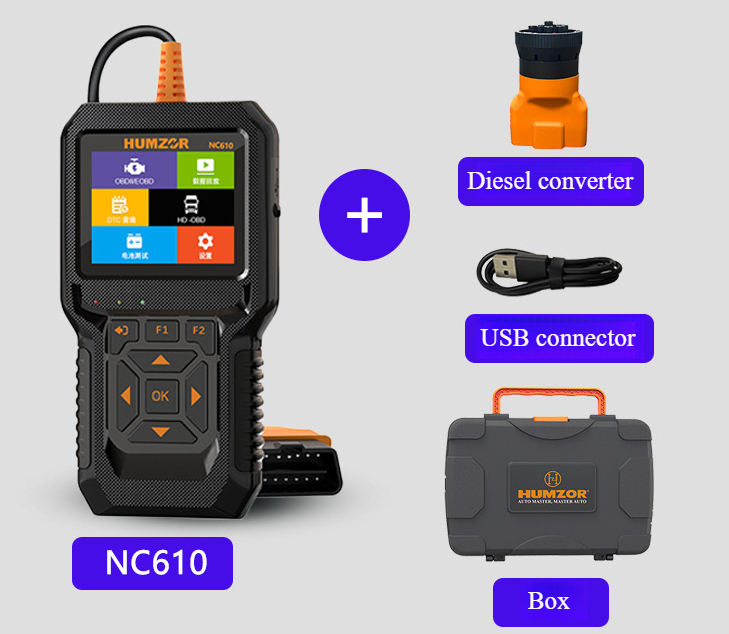 OBD2 Car Diagnostic Heavy Duty Truck Scanner For HUMZOR NC610 Diesel Gasoline Engine Battery Test  J1939 F1 Code Reader 12V/24V