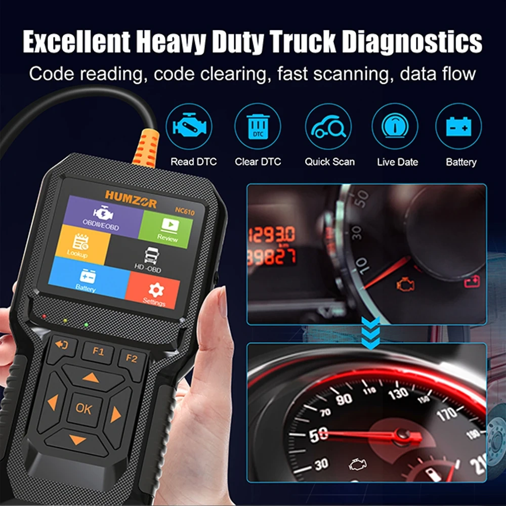 OBD2 Car Diagnostic Heavy Duty Truck Scanner For HUMZOR NC610 Diesel Gasoline Engine Battery Test  J1939 F1 Code Reader 12V/24V