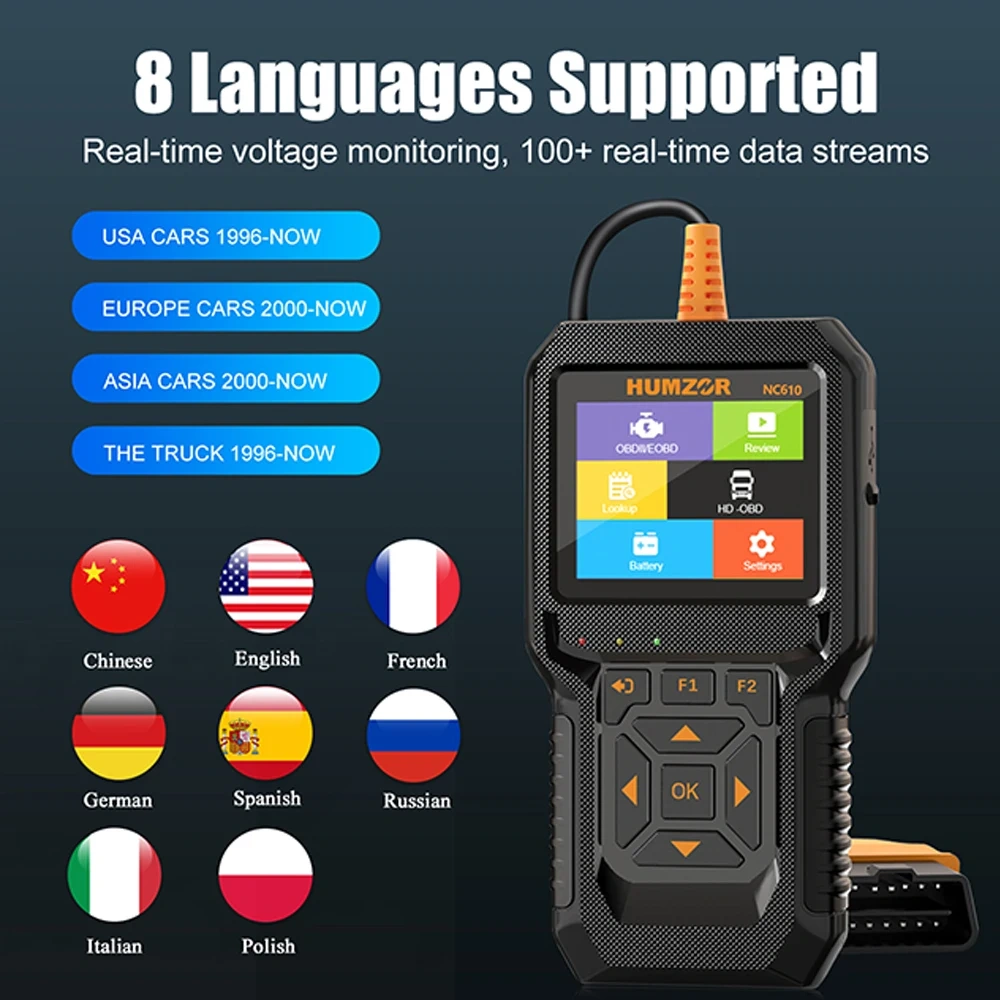 OBD2 Car Diagnostic Heavy Duty Truck Scanner For HUMZOR NC610 Diesel Gasoline Engine Battery Test  J1939 F1 Code Reader 12V/24V