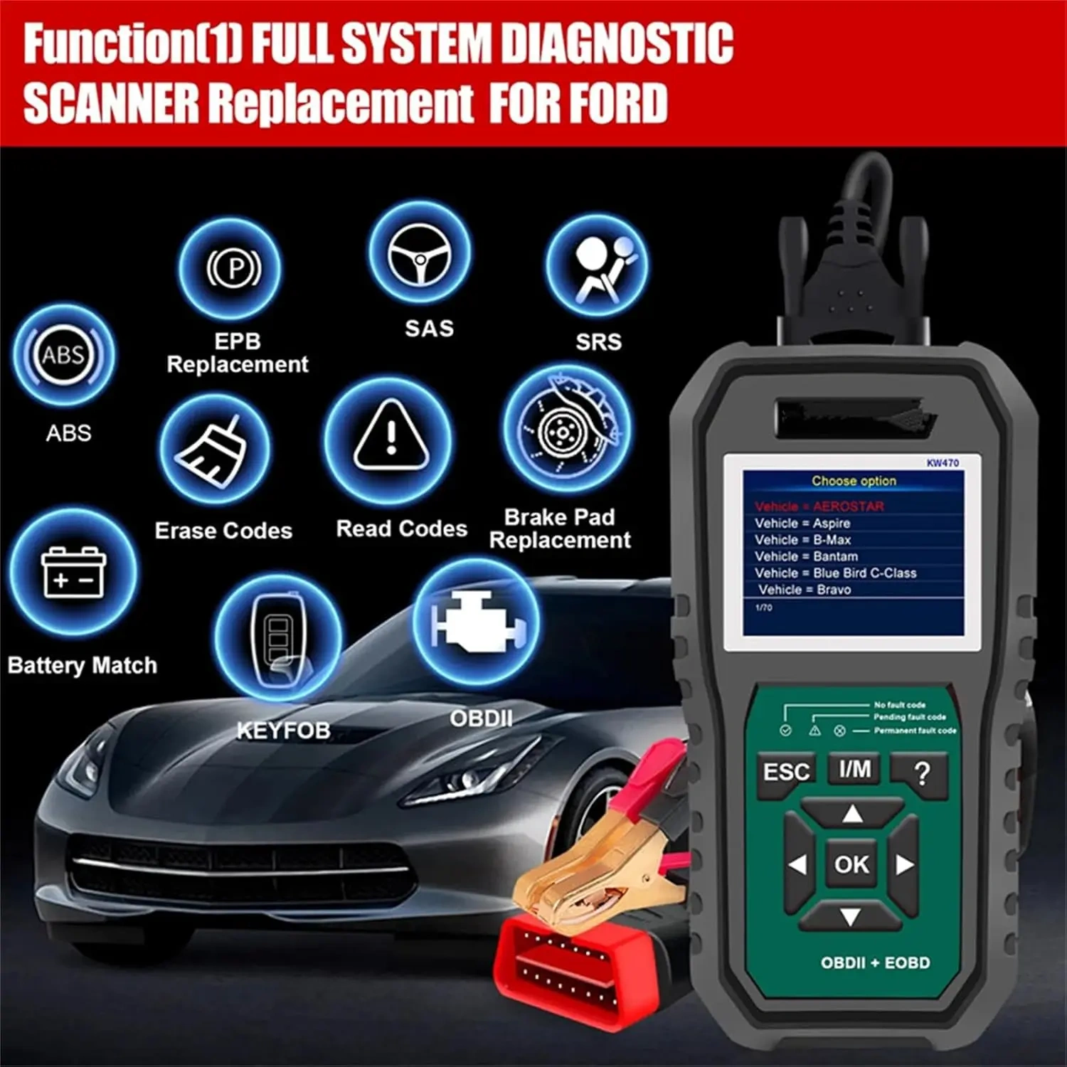 KW470 OBDII Code Reader Universal Car Diagnostic Scanner System Tester Compatible with Ford 1996 Onwards Full System
