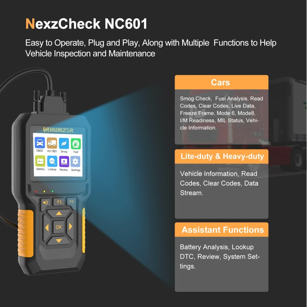 HUMZOE NC601 OBD Vehicle Detector Equipment Diesel Engine Service Tool Read Data And Remove Truck Fault Decoder Diagnostics