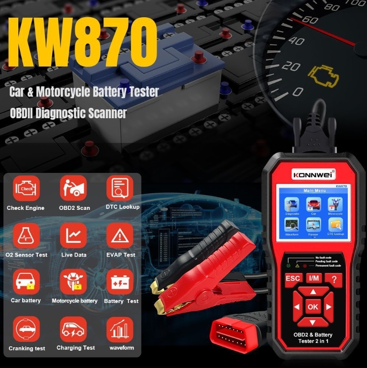 KONNWEI KW870 6V 12V Car Motorcycle Battery Tester OBD2 Diagnostics Tool Scanner 2 in1 Cranking Charging Test Tools for the Car
